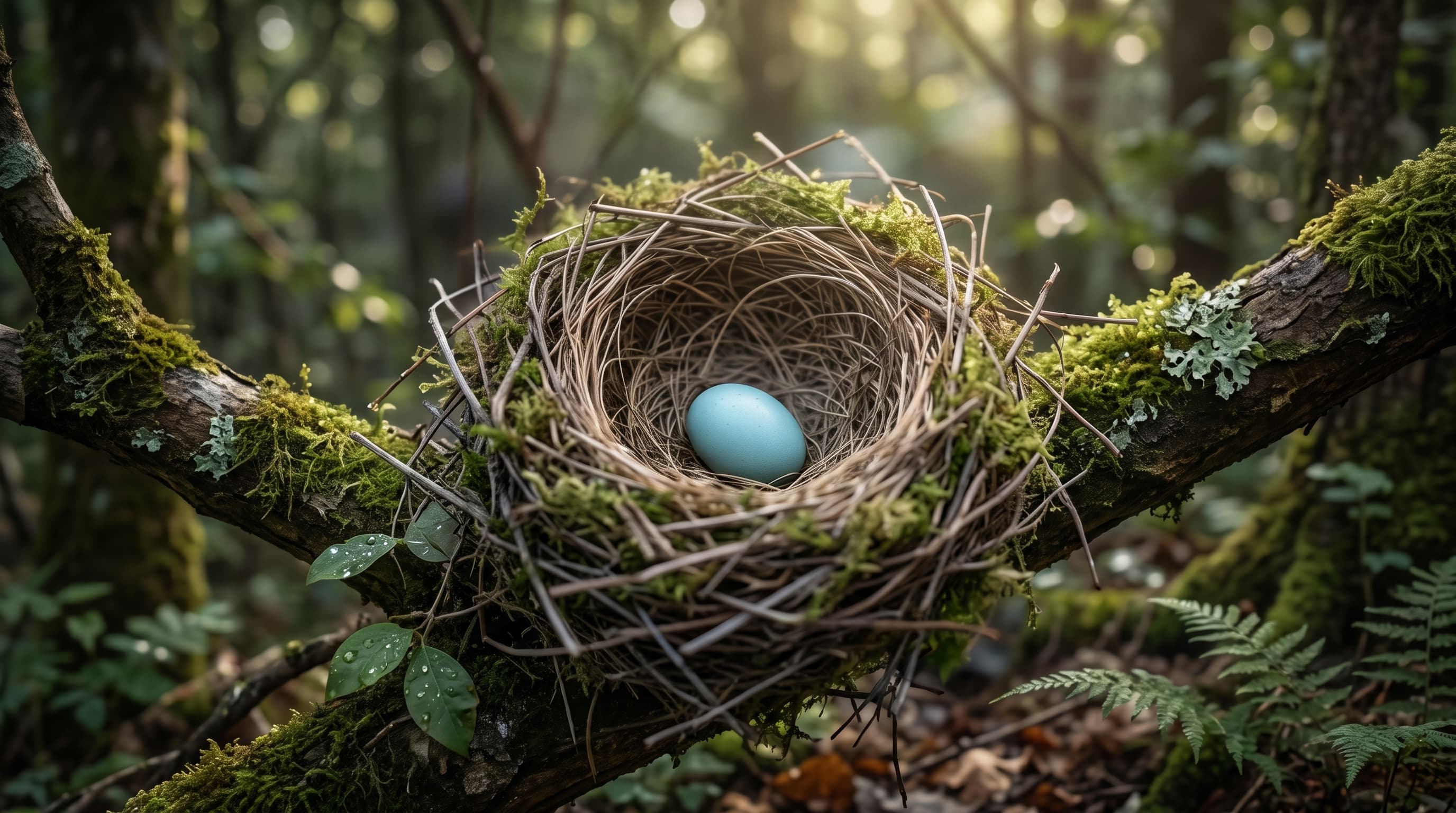Vogelnest mit einem blauen Ei auf einem moosbewachsenen Ast – Sinnbild für Schwangerschaft und werdendes Leben