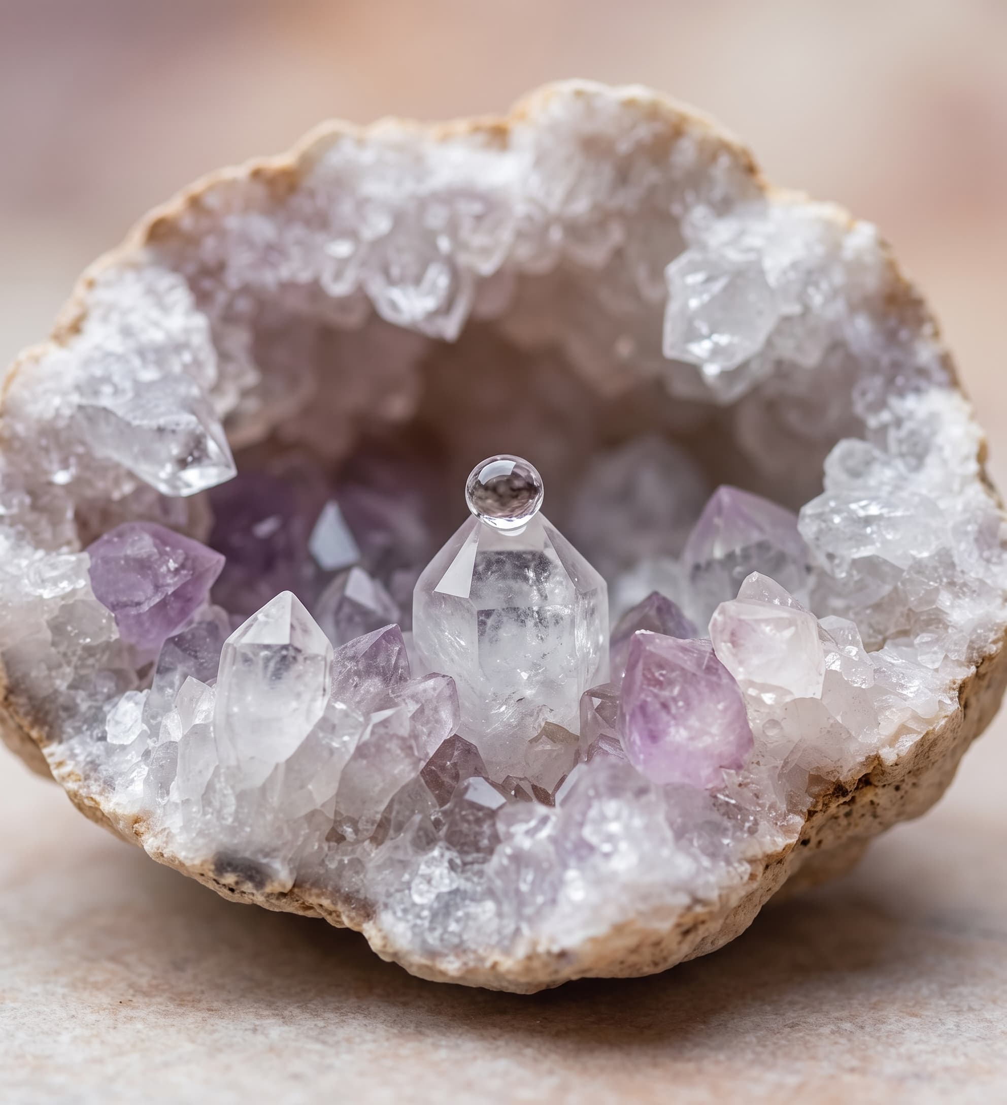 Aufgebrochene Amethyst-Geode mit klaren und violetten Kristallen – Sinnbild für innere Ressourcen trotz anhaltender Belastung